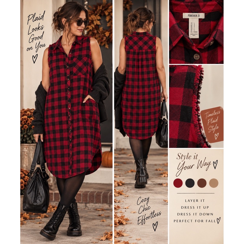Forever 21 Red Black Buffalo Plaid NWT Sleeveless Button Midi Shirt Dress L